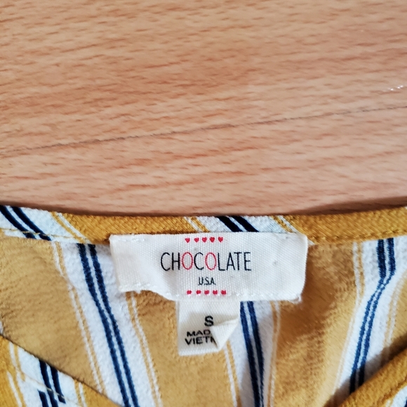 BNWOT chocolate blue mustard yellow striped cold shoulder blouse top small - Picture 5 of 5